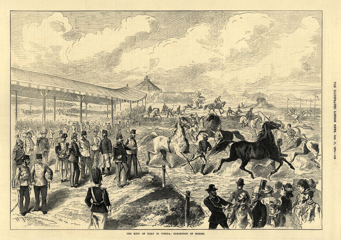The King of Italy in Vienna: exhibition of horses. Austria 1873 old print